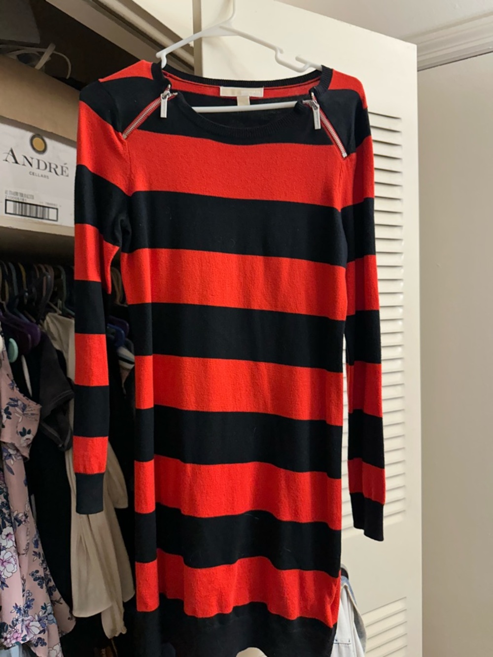 Michael Kors Striped Red & Black Knit Zipper Shoulder Sweater Dress